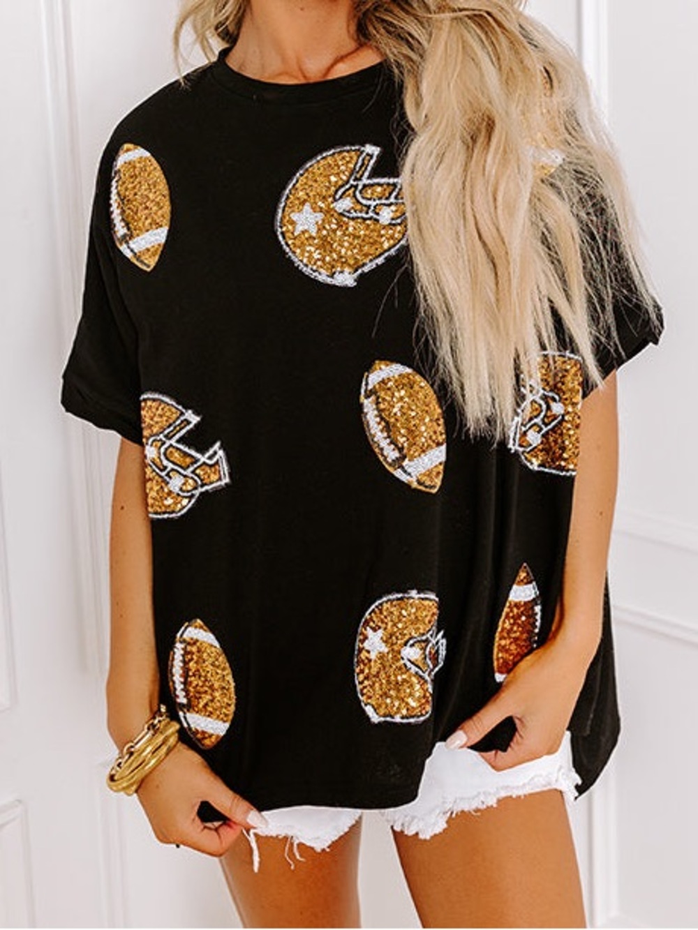 Fantastic Fawn Black Oversized Short Sleeve Tee w/ Sequin Footballs & Helmets
